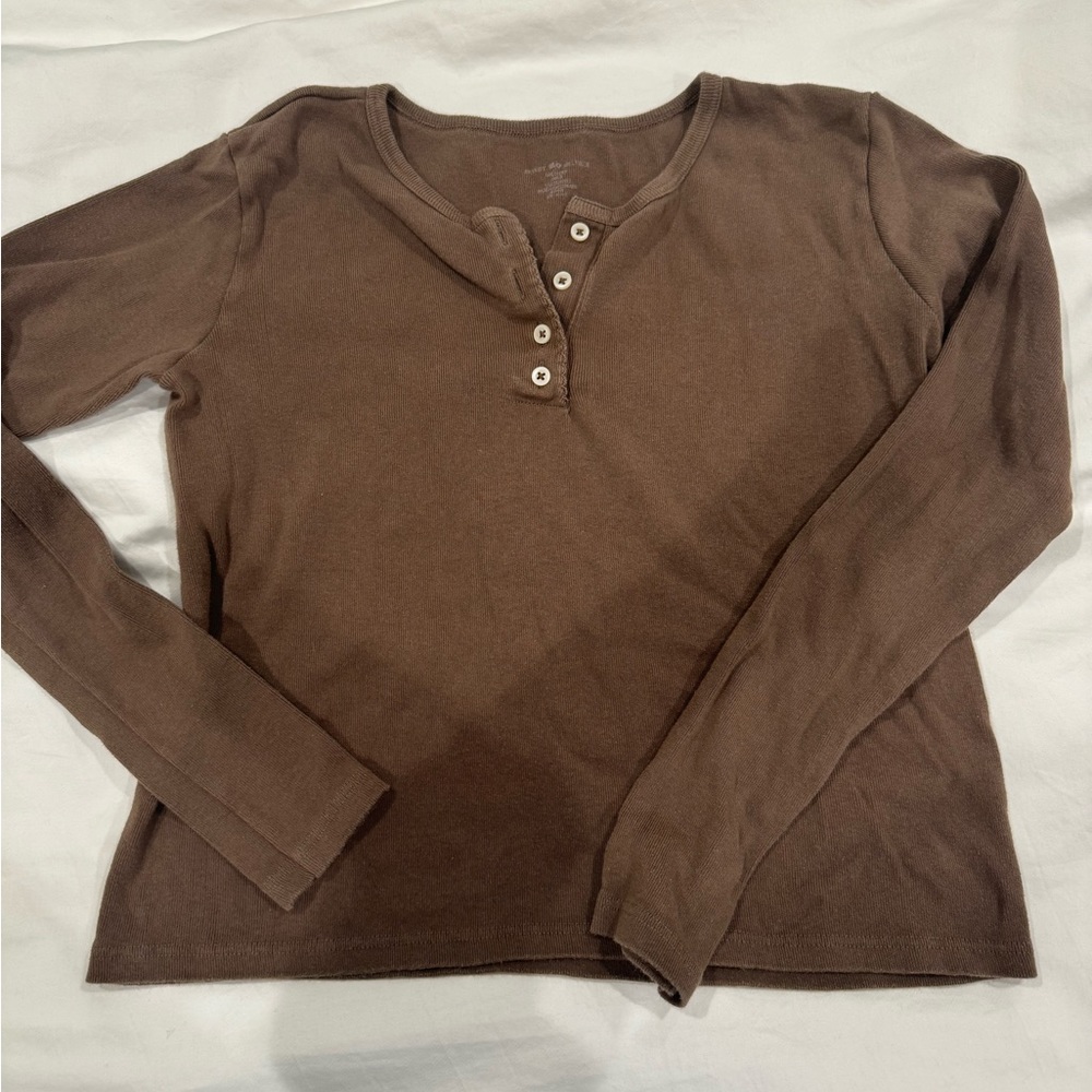 Brandy Melville Brown Cotton Long Sleeve Top with Buttons - Picture 3 of 4